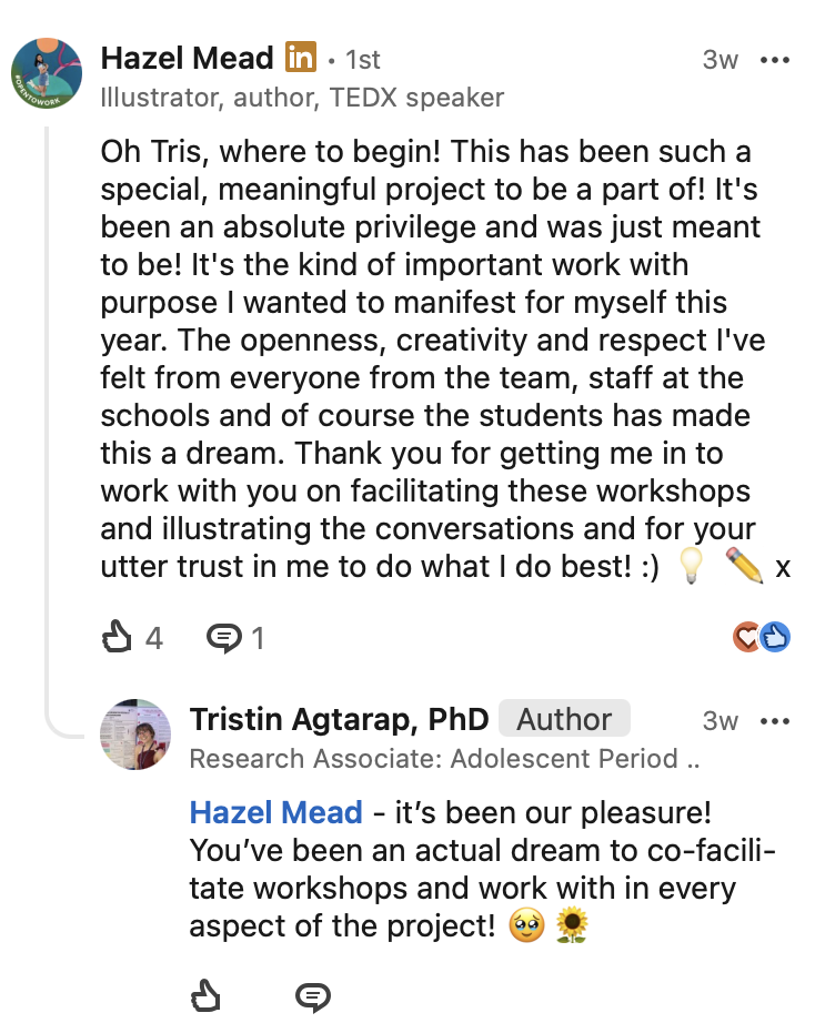 Hazel and Tris thanking each other on LinkedIn after the project